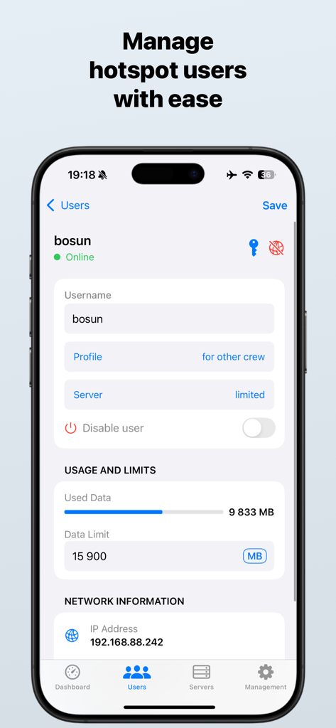 Mikrolink Hotspot - Interfaz de la aplicación Mikrolink Hotspot mostrando la configuración de gestión de usuarios y los límites de datos