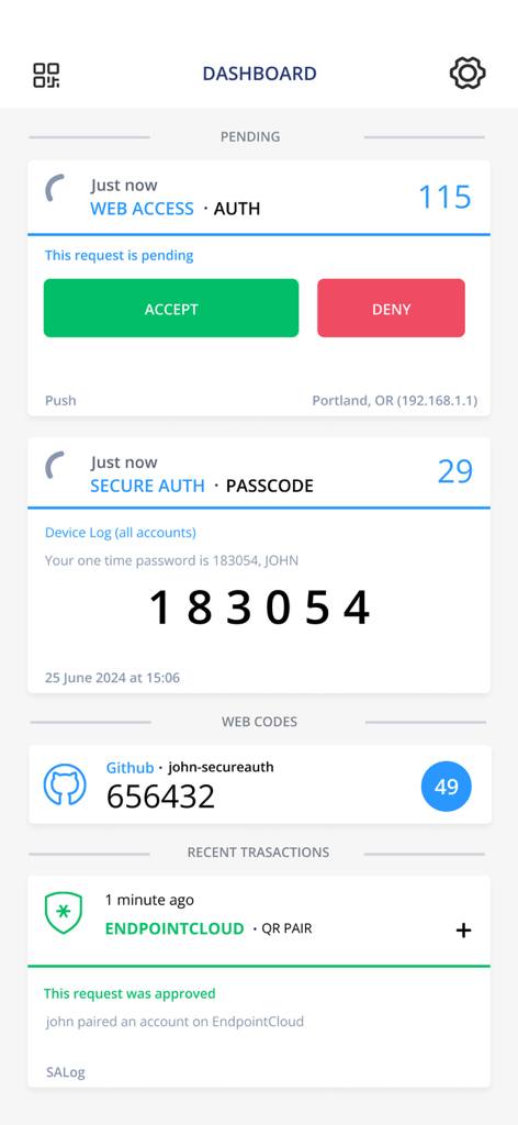 Dashboard of the SecureAuth Authenticate app showing pending login requests and multi-factor authentication passcodes.