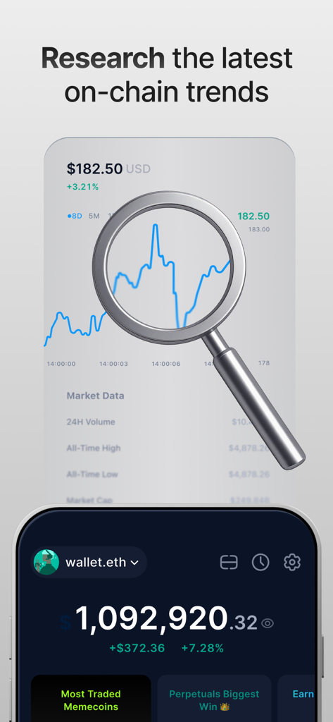 Crypto.com: Onchain Wallet - 돋보기와 포트폴리오 잔액 화면이 있는 암호화폐 가격 차트를 보여주는 모바일 인터페이스