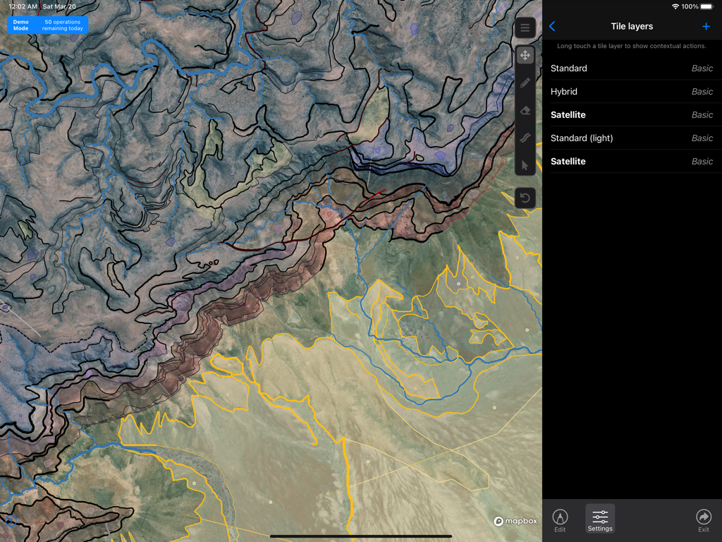 Mapboard GIS - Geological mapping interface in Mapboard GIS showing tile layer settings and drawn topological lines over satellite imagery on an iPad