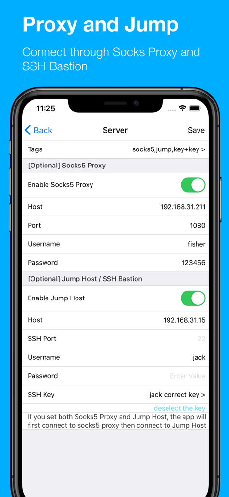 Termux Pro - Termux Pro app interface for configuring Socks5 Proxy and SSH Jump Host server settings