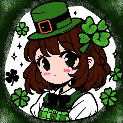 a manga-style girl with clovers around her, a little hat in her hair, like it's saint patrick's day