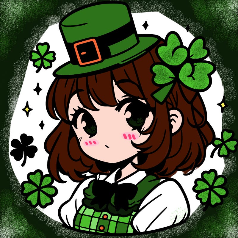 a manga-style girl with clovers around her, a little hat in her hair, like it's saint patrick's day