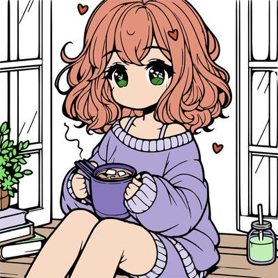 cute anime girl reading book and drinking hot chocolate from mug with loose wavy hair wearing a baggy sweatshirt and shorts sitting by windowsill looking out