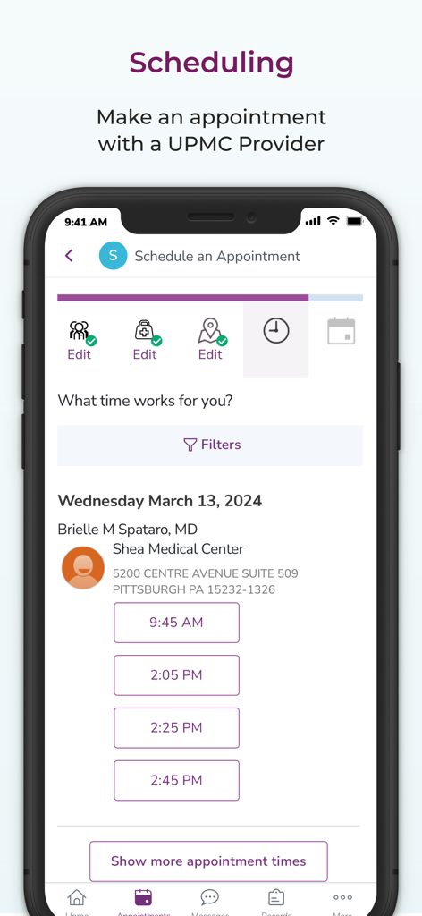 MyUPMC app interface for scheduling a medical appointment with available time slots