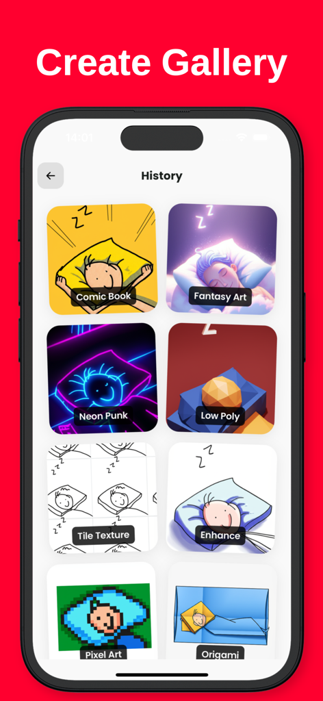 Drawing to Image - Sketch AI - Sketch AIアプリで、コミックブック、ファンタジーアート、ピクセルアートなどの多様なアートスタイルがシンプルなスケッチに適用されているギャラリー