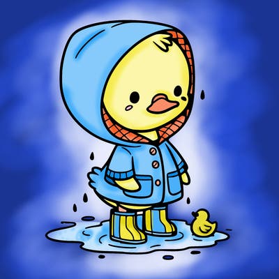 baby duck in a rain coat and boots, in a puddle while it’s raining
