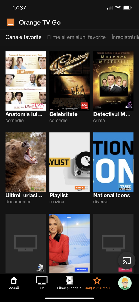 Orange TV Go - Interface do aplicativo Orange TV Go exibindo uma grade de canais de TV romenos favoritos e programas.