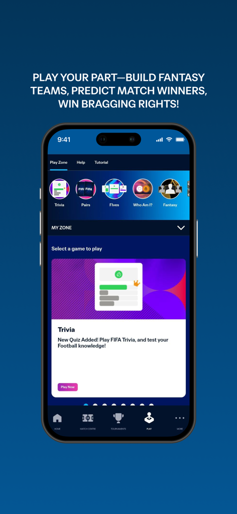 FIFA Official App Play Zone interface showing soccer trivia and fantasy league games