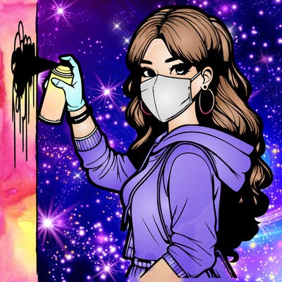 realistic girl with mask spray painting a wall