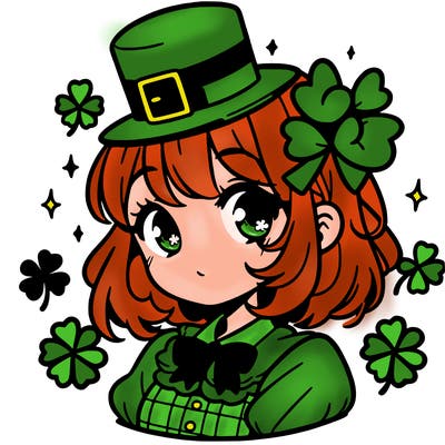 a manga-style girl with clovers around her, a little hat in her hair, like it's saint patrick's day