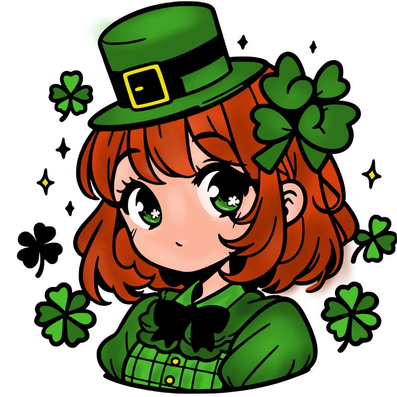 a manga-style girl with clovers around her, a little hat in her hair, like it's saint patrick's day
