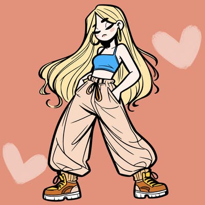 girl in baggy pants crop top and long hair