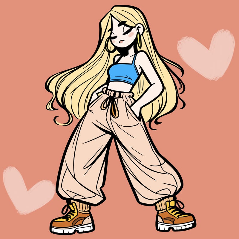 girl in baggy pants crop top and long hair