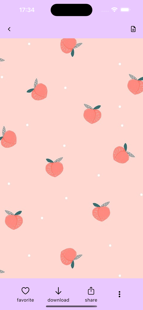 Aesthetic - Kawaii Wallpapers! - Um padrão de pêssego kawaii estético em um fundo rosa claro dentro da interface do aplicativo Kawaii Wallpapers