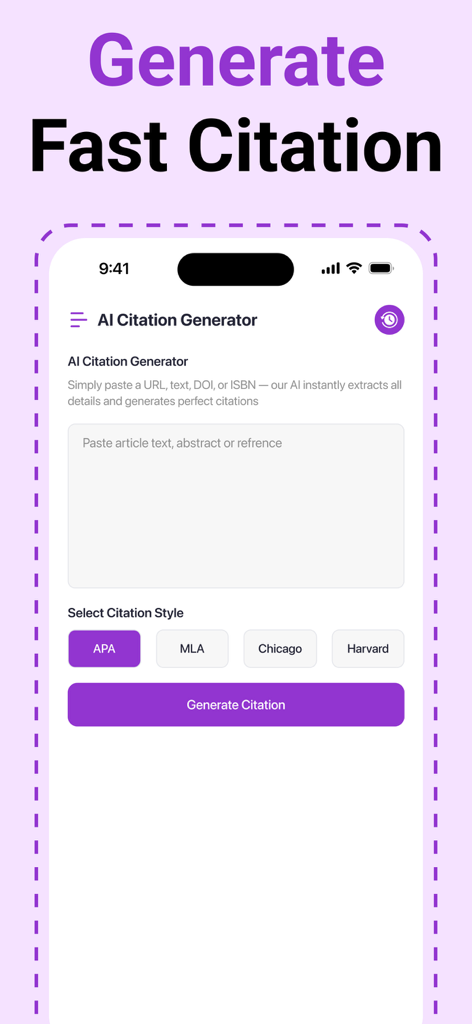 Humanix - AI Text Humanizer - Humanix app interface showing the AI Citation Generator tool with options for APA MLA Chicago and Harvard styles