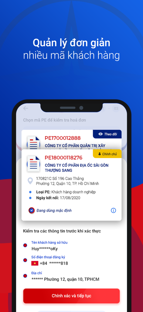 EVNHCMC - 여러 고객 계정 관리 및 인증 세부 정보를 보여주는 EVNHCMC 앱 인터페이스