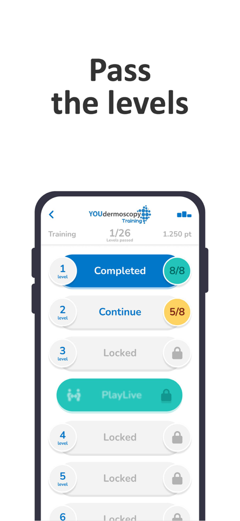 YOUdermoscopy - Pantalla de la aplicación YOUdermoscopy que muestra niveles y progreso para entrenamiento médico sobre cáncer de piel
