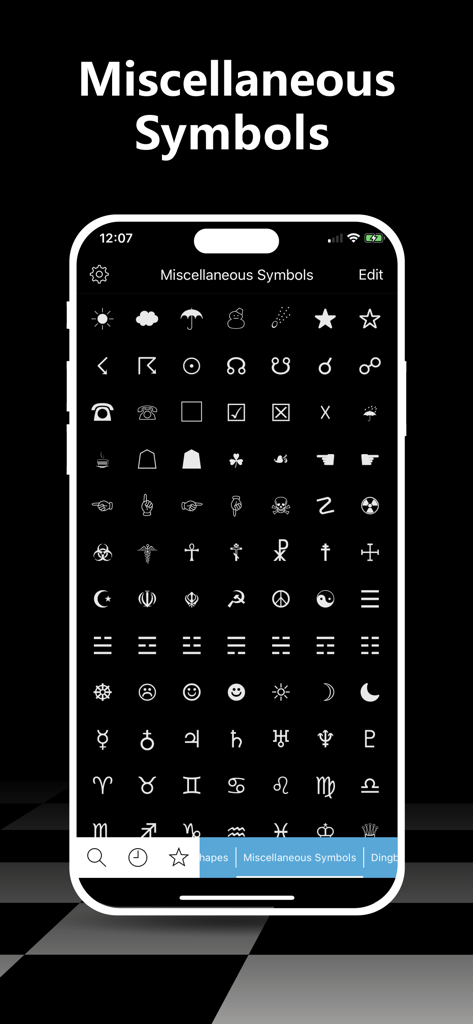 Symbol Keypad for Texting - Symbol Keypad app interface showing a large collection of miscellaneous Unicode symbols including zodiac signs and weather icons