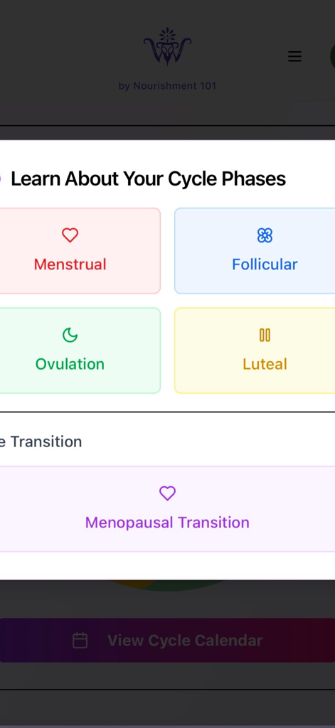 WombWisdom by Nourishment 101 - A screen in the WombWisdom app titled Learn About Your Cycle Phases with buttons for Menstrual, Follicular, Ovulation, and Luteal phases.