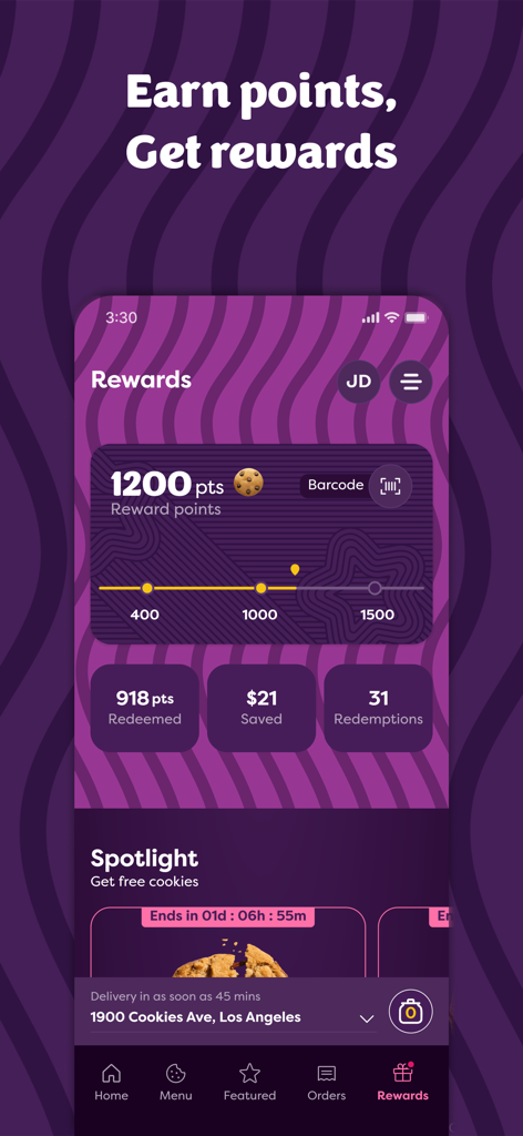 Insomnia Cookies - Pantalla de recompensas de fidelidad de la aplicación móvil Insomnia Cookies que muestra el saldo de puntos y el progreso de canje