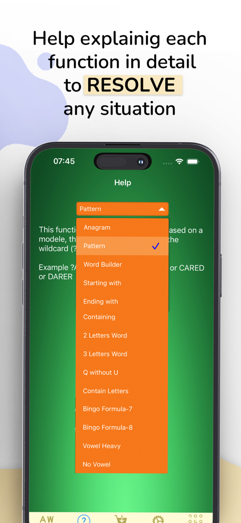 Word Expert app help screen showing a dropdown menu with word game search options like Anagram and Pattern