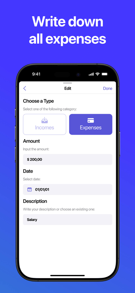 Credit Score Monitoring - Interface of the Credit Score Monitoring app showing a form to record financial expenses and incomes.