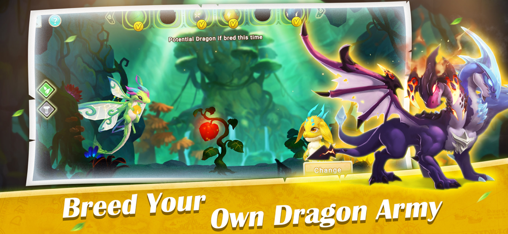 Dragon Tamer: Genesis - Dragon Tamer Genesis game screen showing various dragons in a lush forest with the text Breed Your Own Dragon Army