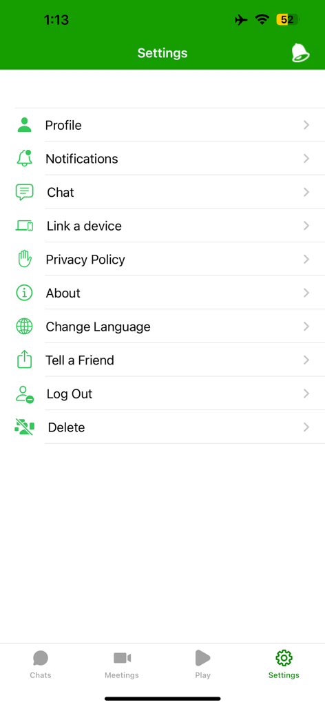 NZ Chat - Pantalla de configuración de la app móvil NZ Chat con opciones de perfil, notificaciones, configuración de chat y selección de idioma.
