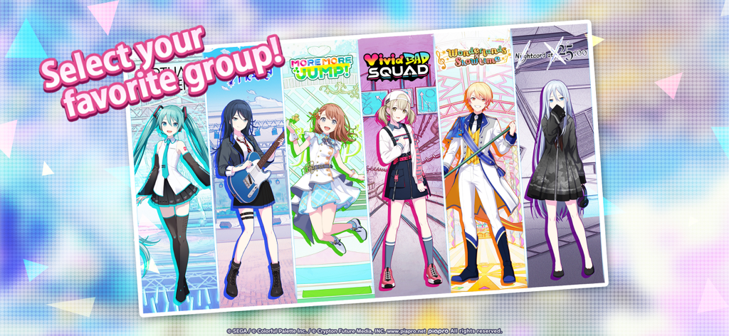 Promotional image for Hatsune Miku Colorful Stage showing various character bands and the text Select your favorite group