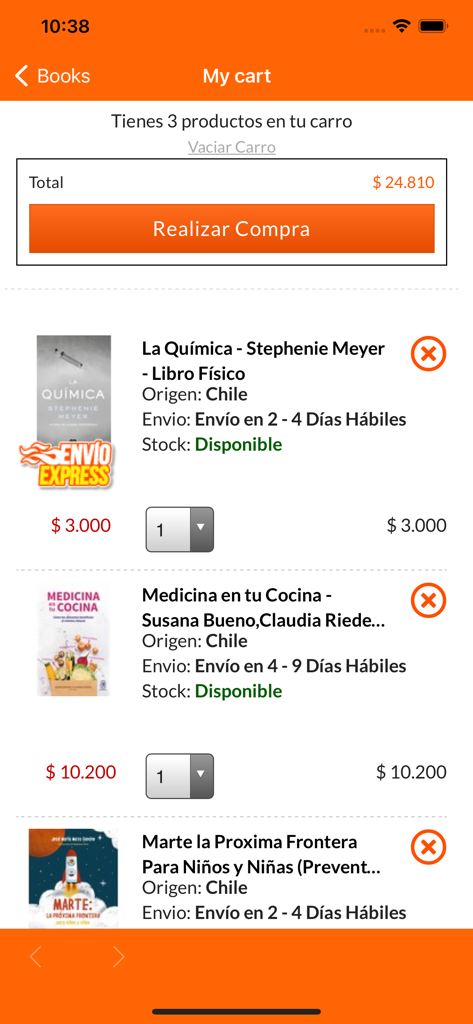 BuscaLibre - BuscaLibre app shopping cart screen showing a list of Spanish books for purchase