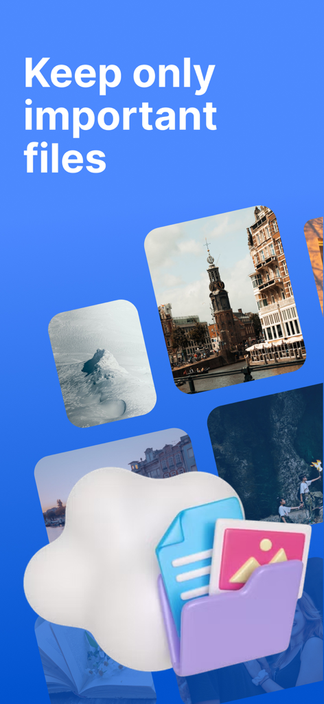 Cleaner MAX app marketing screen with the headline Keep only important files and icons of photos and documents