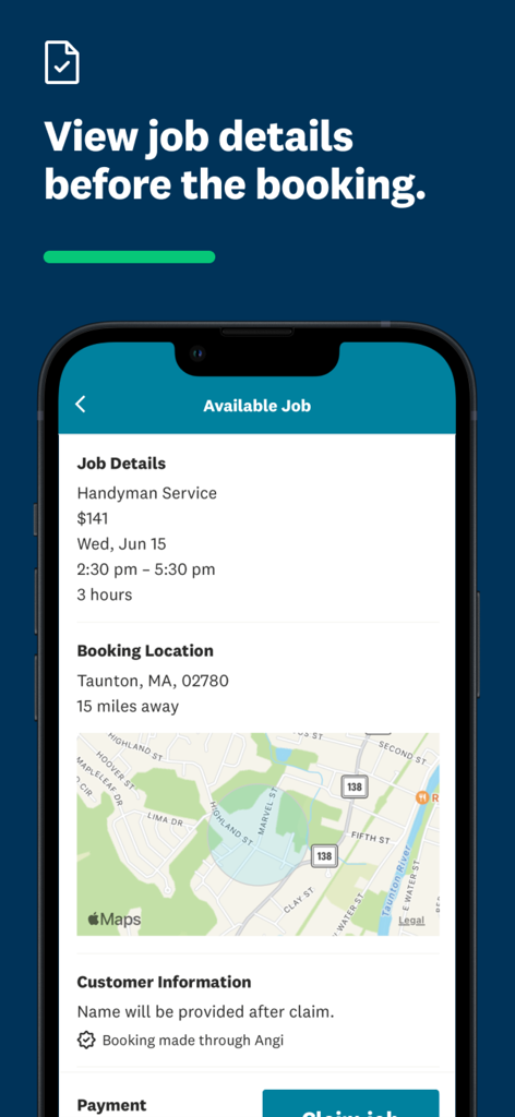Interface of Angi Services for Pros app displaying job details for a handyman service including pay rate, time, and location map.