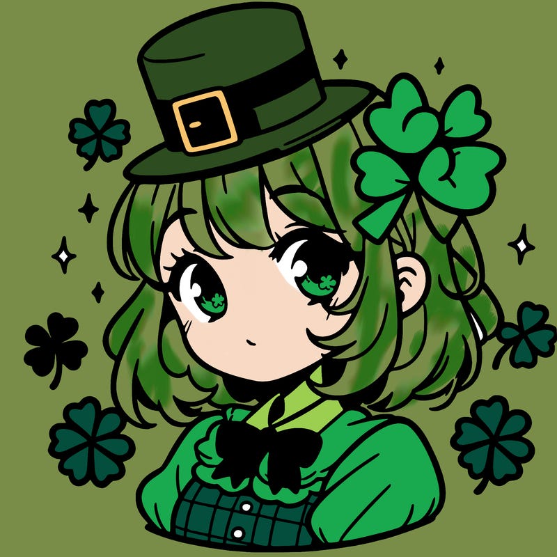 a manga-style girl with clovers around her, a little hat in her hair, like it's saint patrick's day