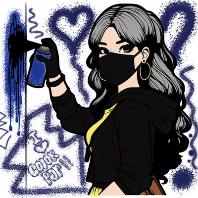 realistic girl with mask spray painting a wall