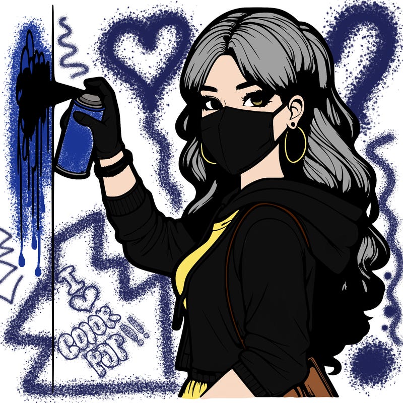 realistic girl with mask spray painting a wall