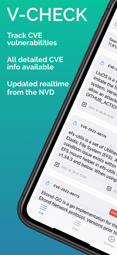 V-Check - V-Checkアプリのインターフェース。追跡中のCVE脆弱性のリスト、詳細な説明、NVDアップデートが表示されています。