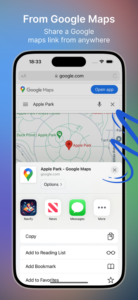 iPhone-Bildschirm zeigt einen Google Maps-Standort, der über das iOS Teilen-Menü mit der Navify-App geteilt wird