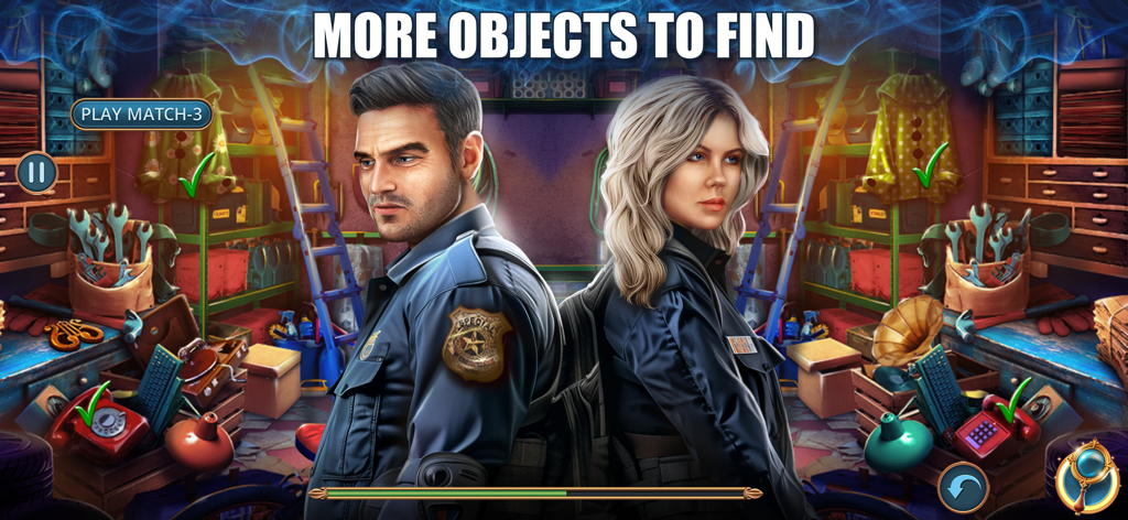 Twin Mind: Hidden Objects F2P - Dos detectives, Randall y Eleanor, de espaldas en una habitación desordenada para un desafío de objetos ocultos