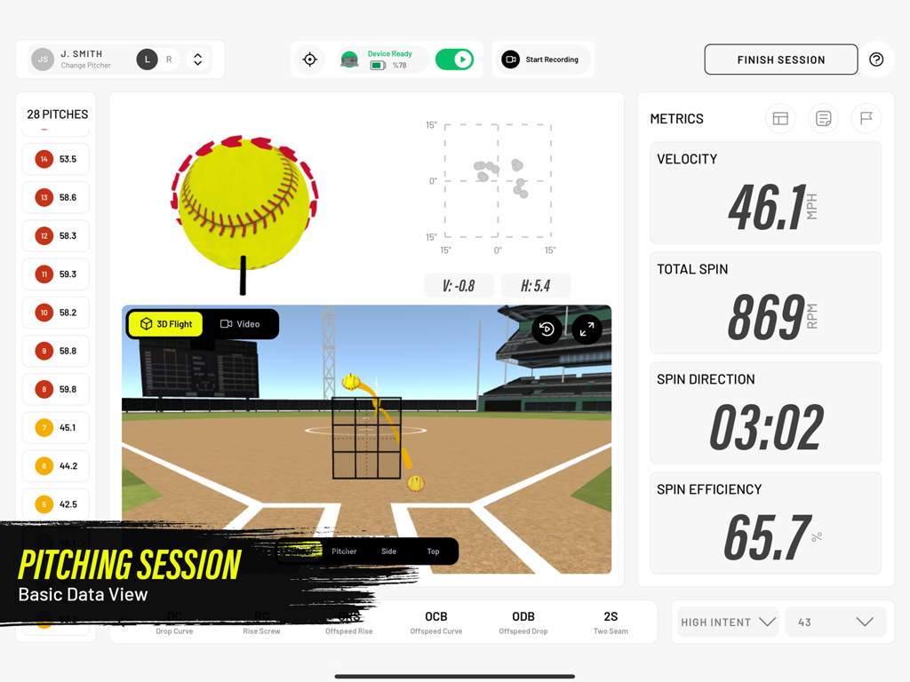 Rapsodo Softball - Rapsodo Softball app pitching session dashboard showing ball velocity and spin metrics with 3D flight visualization