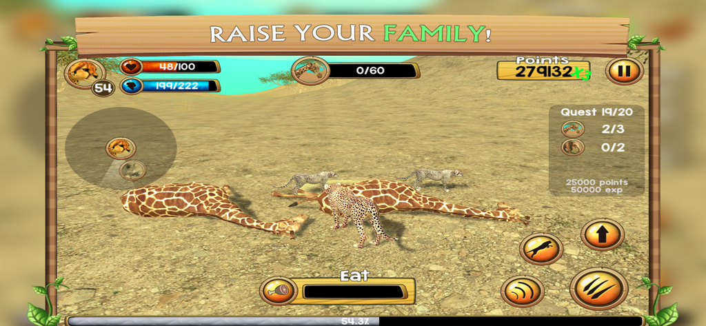 Wild Animal Simulators - A cheetah family eating prey in the Wild Animal Simulators mobile game