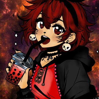 hot baddie anime girl drinking boba and biting the straw