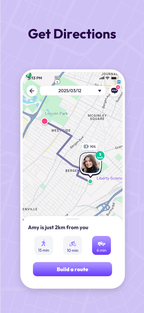 Pantalla de la aplicación Link360 que muestra el rastreo de ubicación en tiempo real con direcciones en el mapa y tiempos de viaje estimados