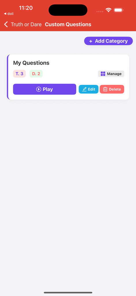 Truth or Dare Play Online - Interface pour gérer et créer des catégories et des questions personnalisées de Vérité ou Conséquence dans l'application.
