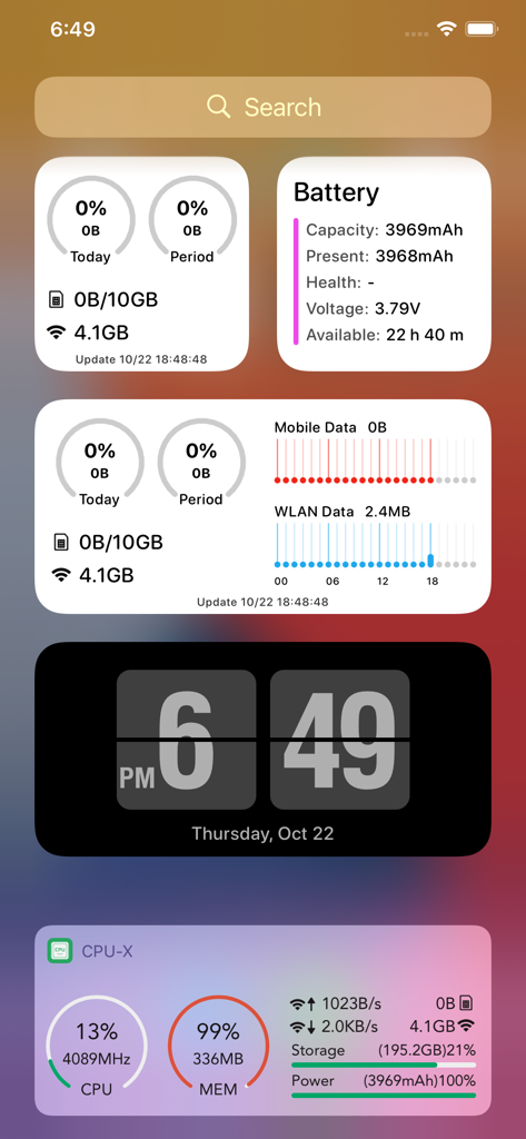 Iphone home screen featuring CPU-x widgets for battery network and hardware monitoring