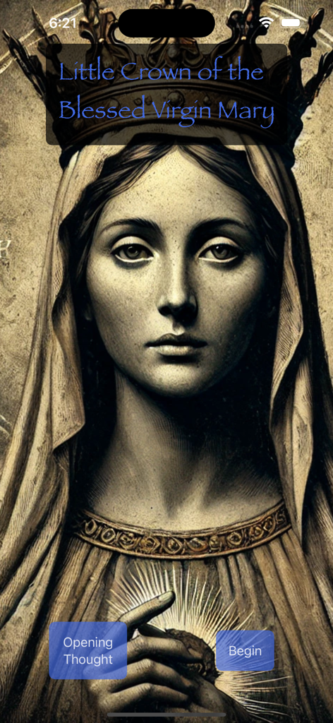 Little Crown of Mary - Landing screen of the Little Crown of Mary app featuring a classical illustration of the Virgin Mary with a crown