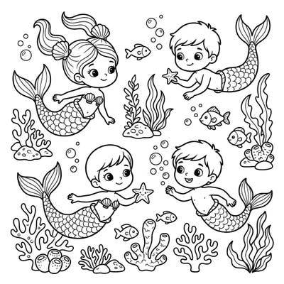 Bring to life a charming underwater scene with these delightful child mermaids and mermen. This playful coloring page is designed perfectly for young artists aged 4-8, promising hours of creative fun.