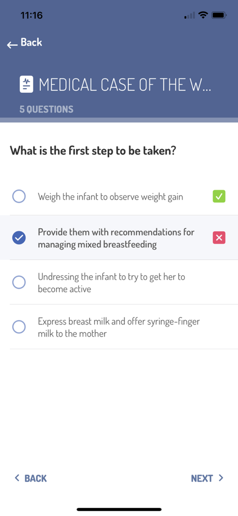 Medical case study quiz interface for lactation healthcare professionals in the LactApp Medical app.