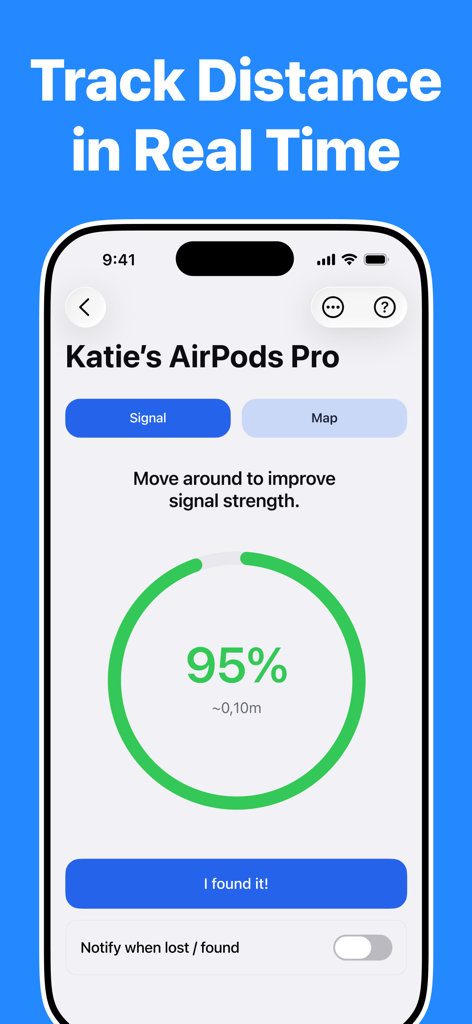 紛失したAirPods Proのリアルタイム信号強度と距離追跡を示すiPhone画面