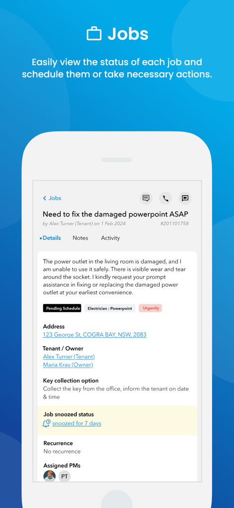 Proptech Labs Property Manager - Screenshot of the Jobs screen showing maintenance request details in the Proptech Labs app